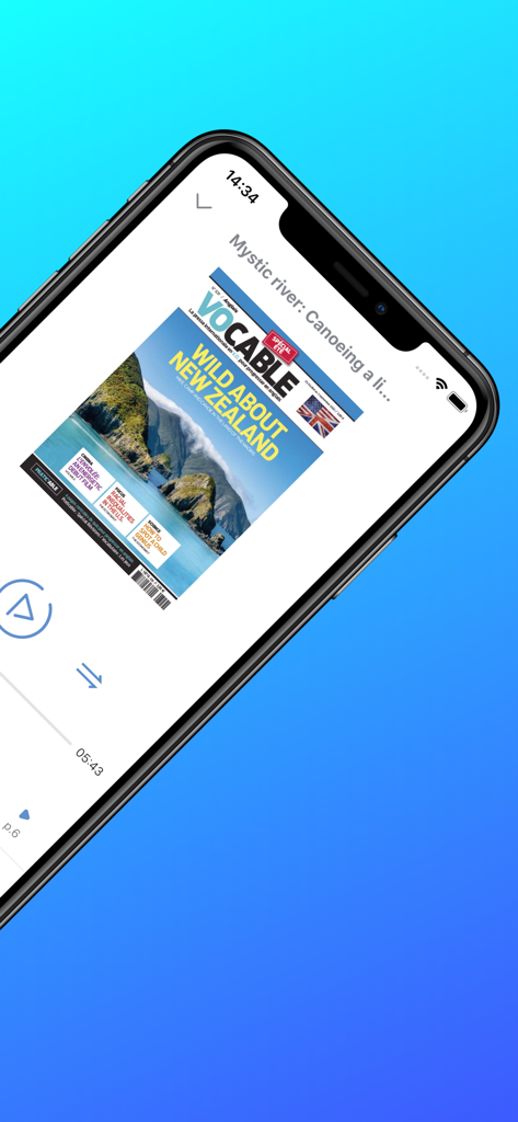 Vocable - Vocable app interface showing a magazine cover about New Zealand with audio playback controls for language learning