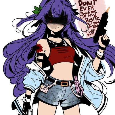 bad girl wearing crop top holding a gun long hair anime