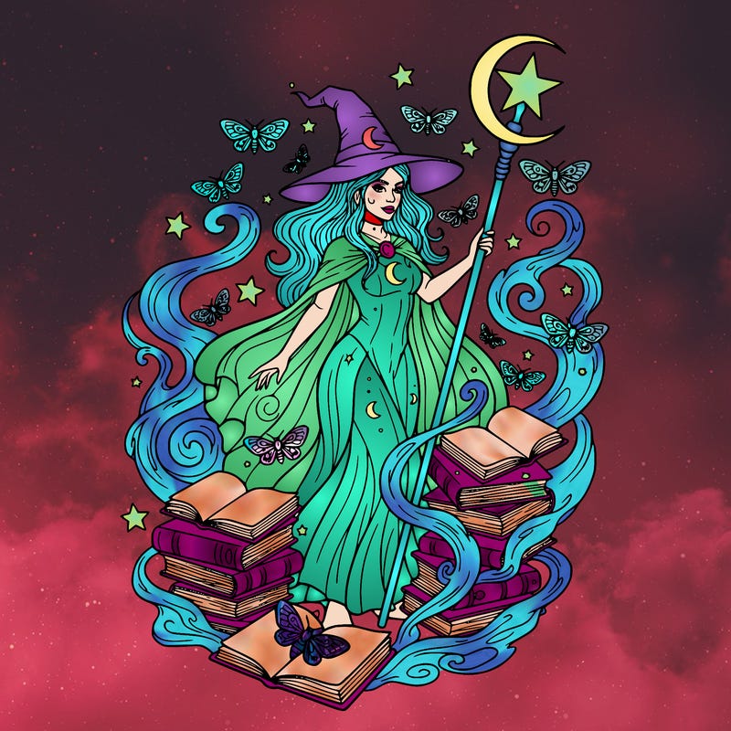 fine complete lines of a moon witch with moths and stars. no shading.smoke and books everywhere