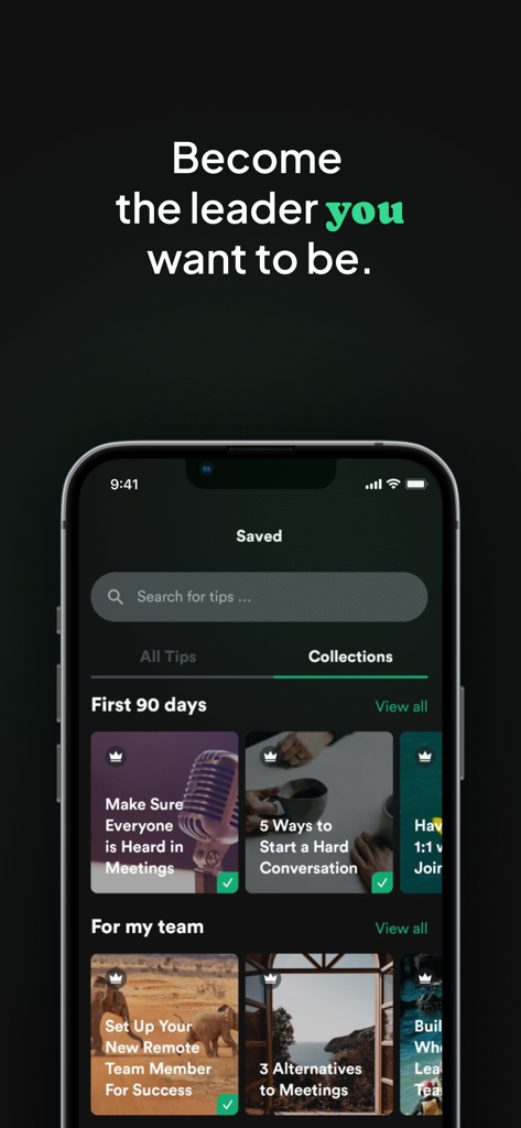 Bunch - Daily Leadership Coach - Screenshot of the Bunch app showing the Saved screen with leadership tip collections for teams and new managers
