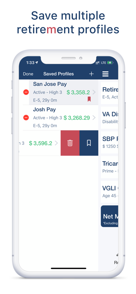 Saved retirement profiles screen in the Military Retire Pay app showing estimated compensation for different military career scenarios.