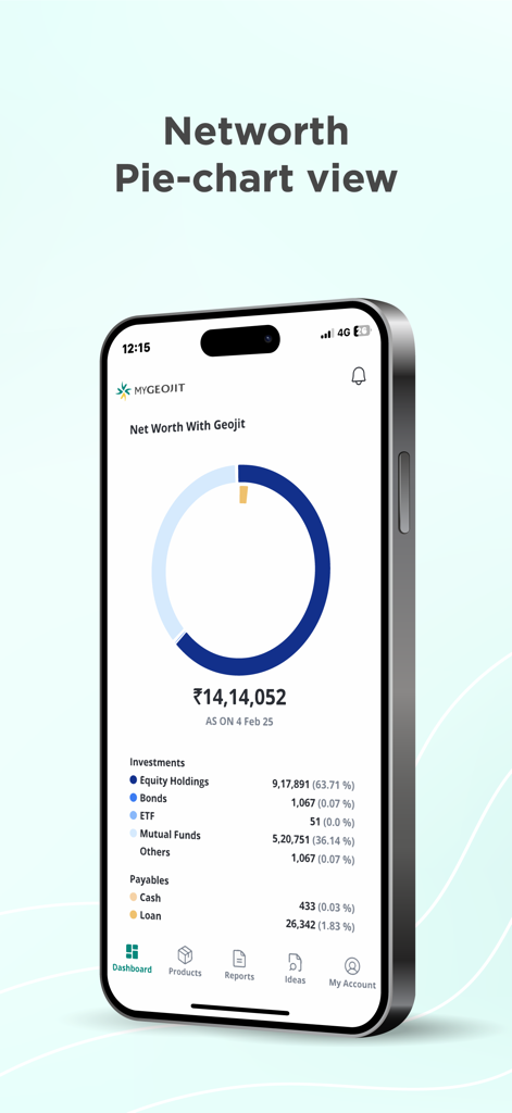 MyGeojit - MyGeojit mobile app dashboard displaying a net worth pie chart with detailed investment and payable breakdowns