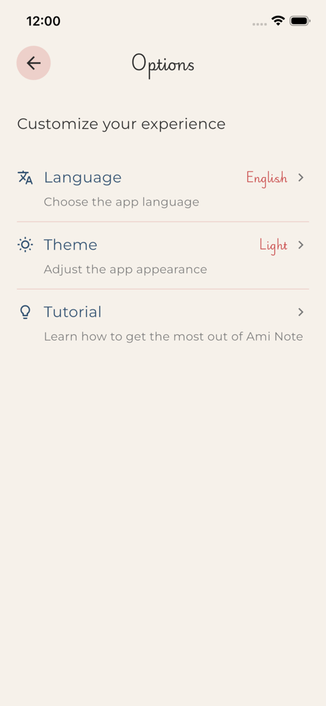 Tela de configurações do aplicativo Ami Note mostrando opções de tema de linguagem e tutorial com um design minimalista.
