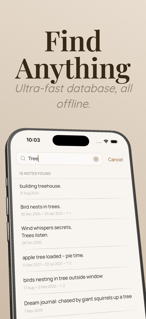 Interface do aplicativo de notas mínimas Gravity mostrando resultados de pesquisa para a palavra-chave tree em um banco de dados offline