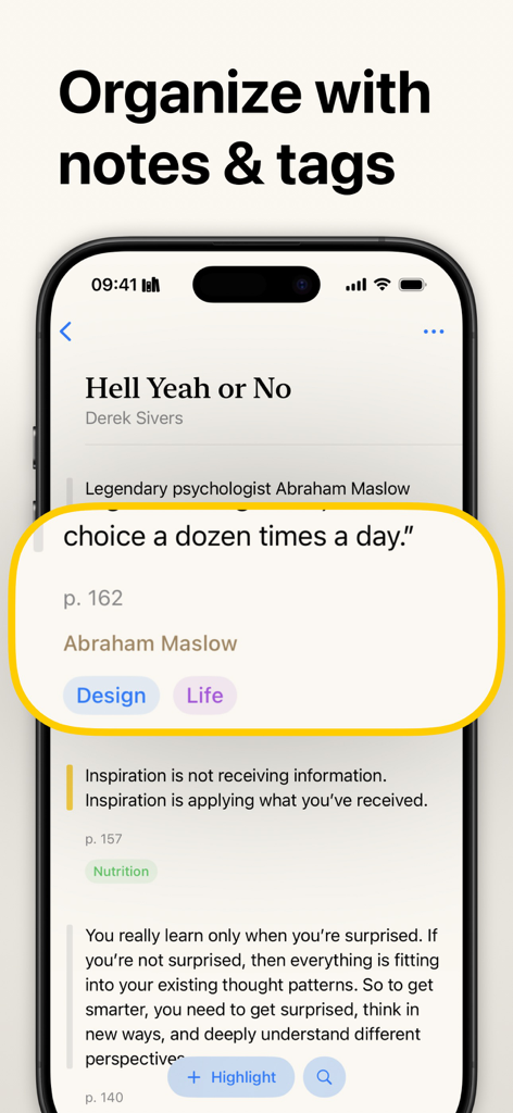 Interface of the Highlighted app showing book quotes organized with custom tags and page numbers.