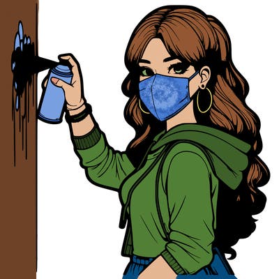 realistic girl with mask spray painting a wall