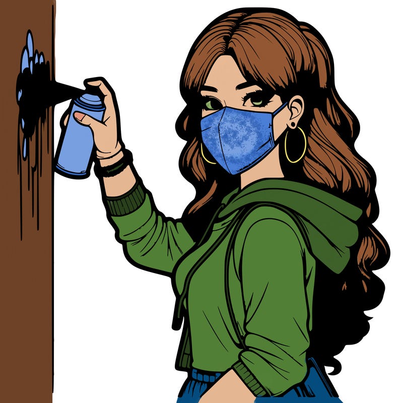 realistic girl with mask spray painting a wall