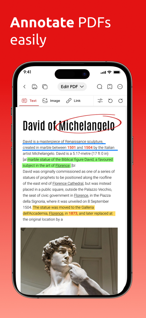 iPhone画面に、A1 PDF Editorアプリが表示され、文書上のテキストと手描きの注釈がハイライトされている