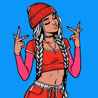 realistic teenage girl with braids and a beanie and crop top doing 🫶🏼