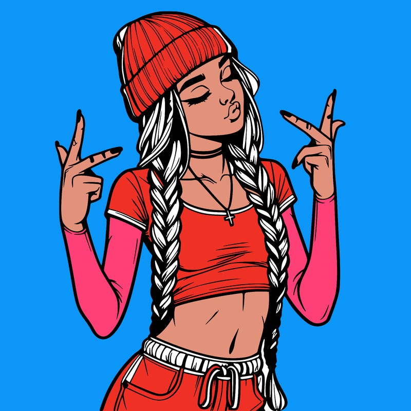 realistic teenage girl with braids and a beanie and crop top doing 🫶🏼