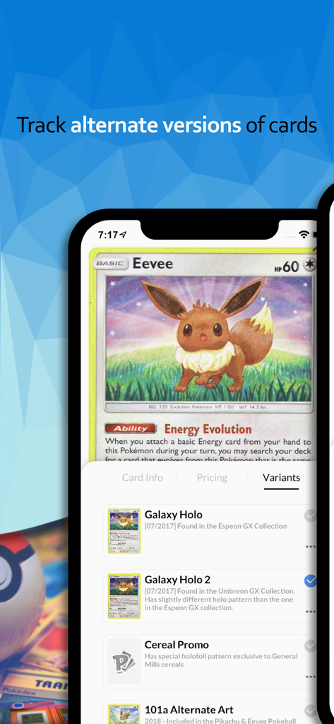 Pokellector: Card Collector - Pokellectorアプリのモバイルインターフェースに、イーブイのポケモンのカードの代替バージョンとバリエーションが表示されています。