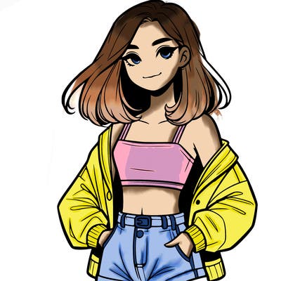 a realistic girl with a crop top and short shorts in an open jacket