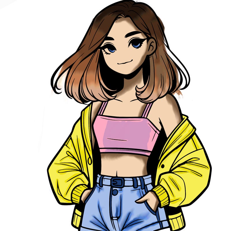 a realistic girl with a crop top and short shorts in an open jacket