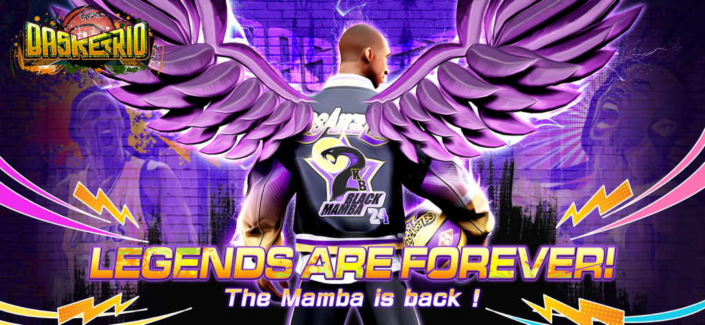 Basketrio: Allstar Streetball - A basketball player with purple wings and a Black Mamba tribute jacket in Basketrio Allstar Streetball