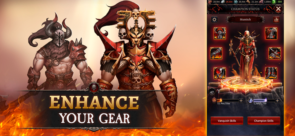 Warhammer: Chaos & Conquest - Warhammer Chaos and Conquest champion gear enhancement screen showing Chaos warriors and equipment slots.