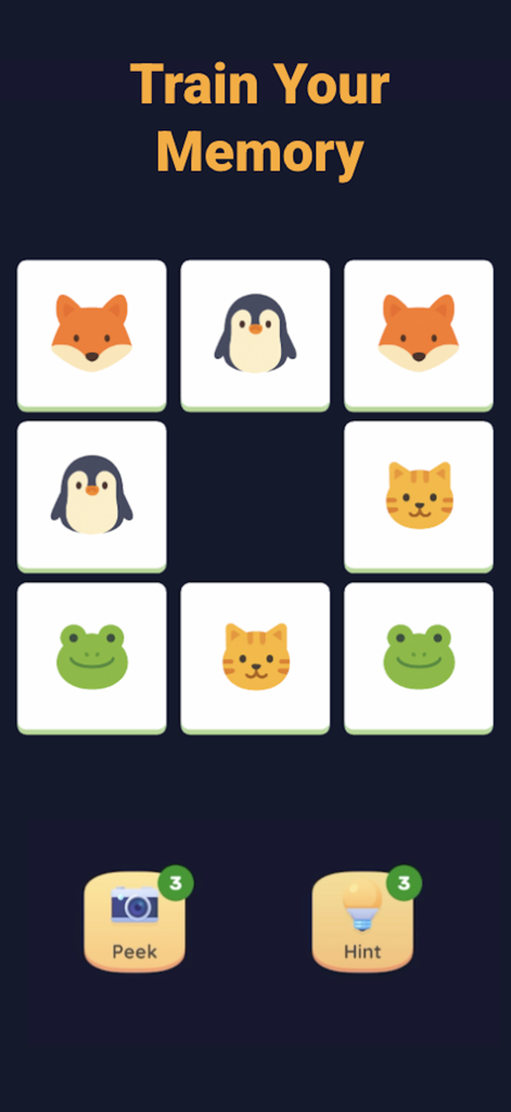 Memory Match: Focus & Recall - A memory match game board featuring large cartoon animal cards with peek and hint buttons for brain training.