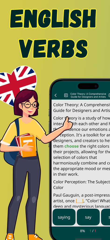 Speak English: Learn Verbs - Un personaje estudiante junto a un smartphone que muestra un ejercicio de gramática de verbos en inglés dentro de un artículo sobre teoría del color