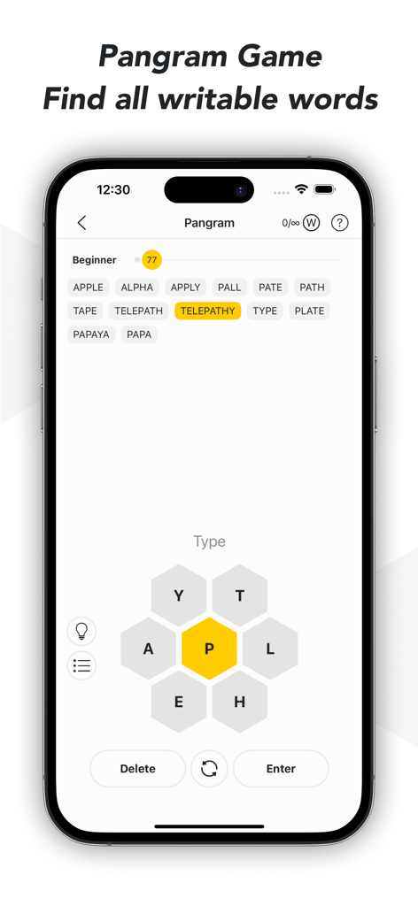 Spelling Word Puzzle - Pangram - Interface do jogo de quebra-cabeça de palavras Pangram com uma grade de letras em favo de mel.