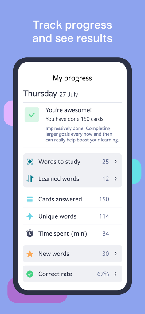 Lingvist: Learn Languages Fast - Lingvist-App-Bildschirm, der detaillierte Sprachlernstatistiken und tägliche Fortschrittskennzahlen anzeigt