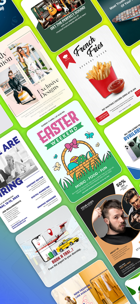 BrandFlex®: Festival Poster - A collage showing various professional business and event poster templates from the BrandFlex app