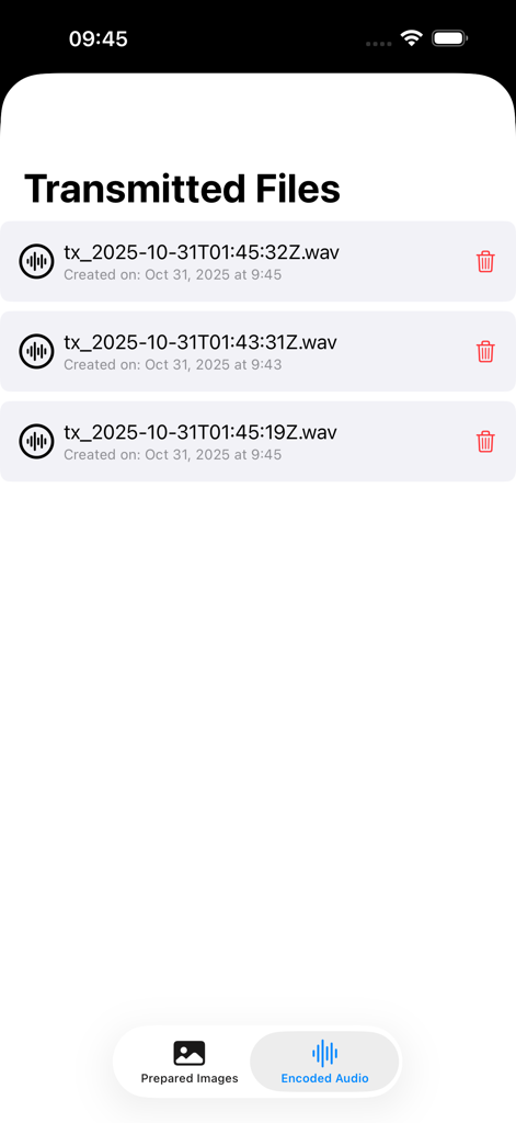 A list of encoded audio files transmitted using the SSTV app showing file names and creation dates.