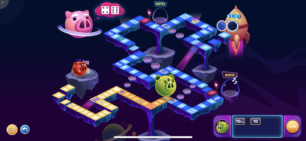 GoDice™ - A space-themed digital board game layout from the GoDice app featuring floating islands and pig characters