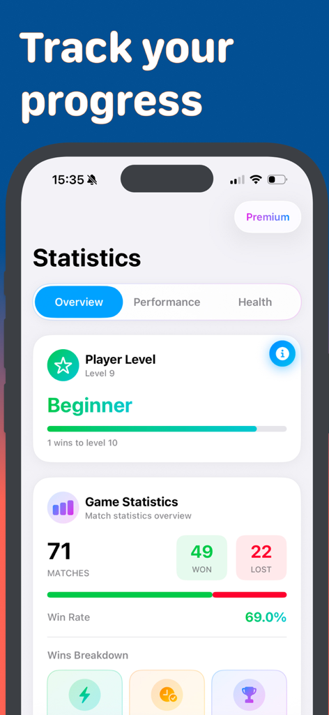 Padel Fit Score Tracker - Dashboard of Padel Fit app showing player level beginner and detailed match statistics with a 69 percent win rate