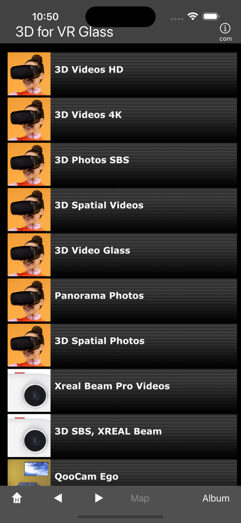 3D for VR Glass - Menu screen of 3D for VR Glass app showing categories for 4K 3D videos spatial photos and XREAL content