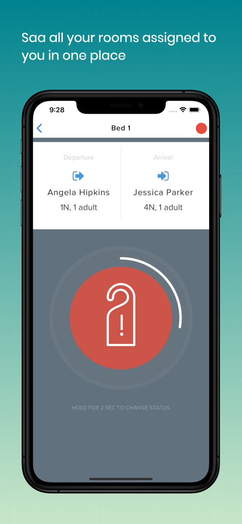 Housekeeping App - Interfaccia dell'App Housekeeping che mostra i dettagli degli ospiti dell'hotel e i controlli di aggiornamento dello stato della camera