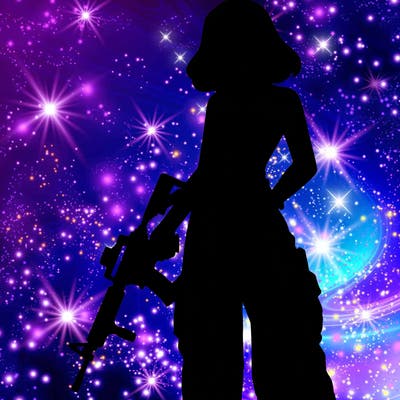 a dangerous girlcrop top and baggy jeans with a rifle in her hand