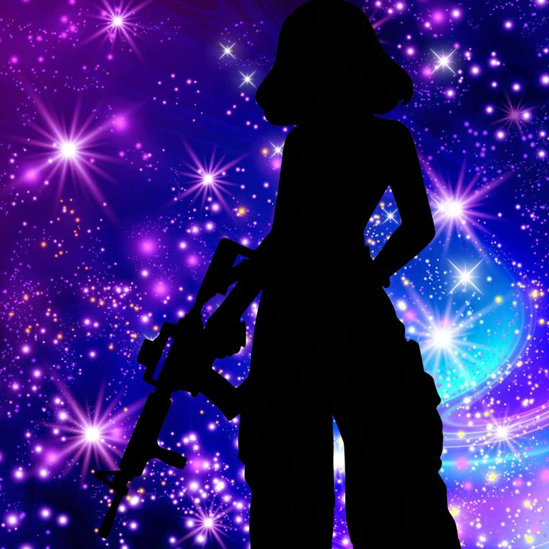 a dangerous girlcrop top and baggy jeans with a rifle in her hand