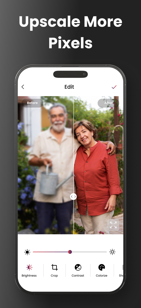 Comparison of a blurry and enhanced photo of a couple using the AI Photo Enhancer app.