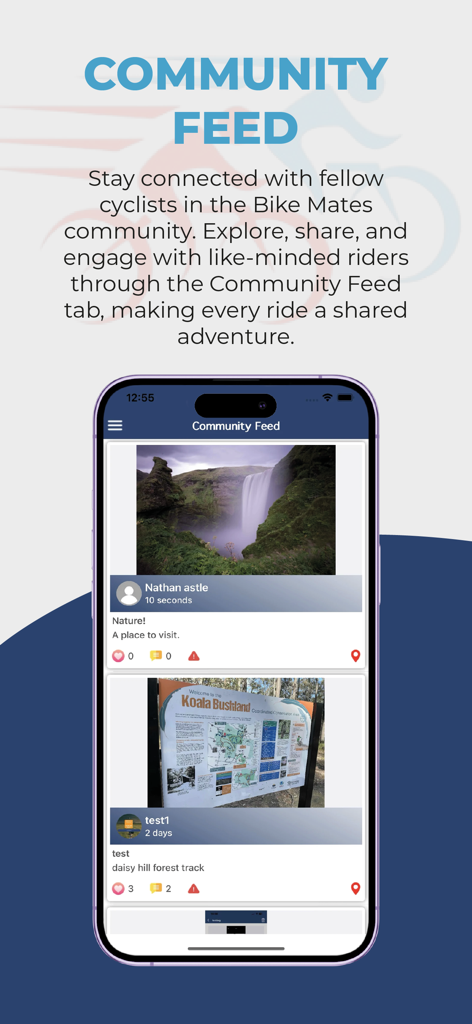 Flux communautaire de l'application Bike Mates montrant des publications sociales et des photos partagées par d'autres cyclistes