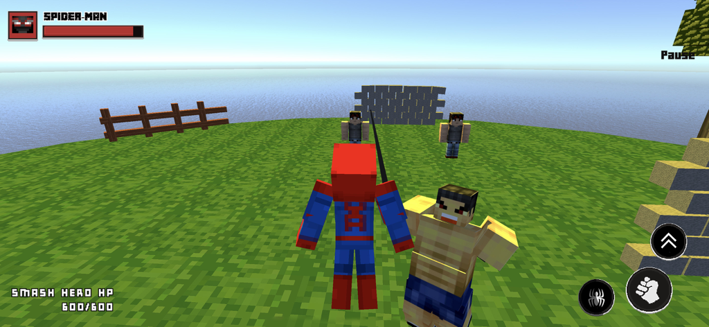 Minecraft Spider-Man Adventure - Gameplay of Minecraft Spider-Man Adventure showing a blocky superhero character fighting an enemy in a voxel world