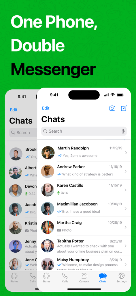 Dual Chat : Web Messenger Plus - Interfaz de la aplicación Dual Chat que muestra pantallas de dos cuentas de mensajería en un solo teléfono para gestionar múltiples cuentas.