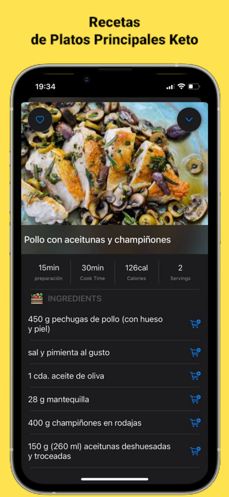 Receta de plato principal keto de pollo con aceitunas y champiñones mostrando ingredientes e información nutricional.