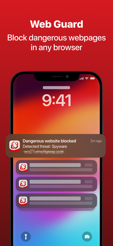 Trend Micro Mobile Security - Pantalla de bloqueo de un smartphone que muestra una notificación de Trend Micro por un sitio web peligroso bloqueado y una amenaza de spyware
