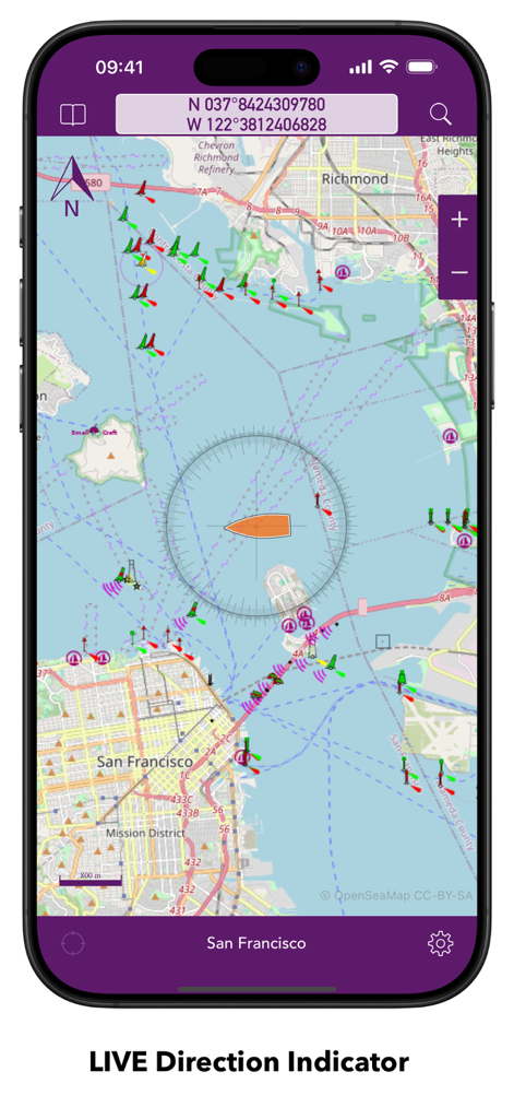 OpenSeaMap - OpenSeaMap app displaying a nautical chart of San Francisco with a live direction indicator and maritime navigation markers