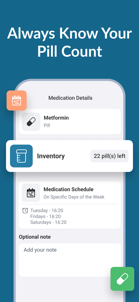 Pill & Medication Reminders - Medication inventory screen displaying the remaining pill count for Metformin.