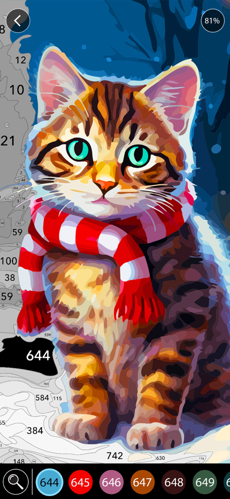 Christmas Paintings - Pintar por números digital que muestra un gato atigrado marrón con una bufanda a rayas rojas y blancas