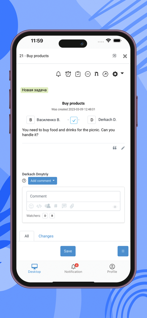 OneBox OS - OneBox OS mobile application interface displaying a task for buying products with assignment details and a comment section.
