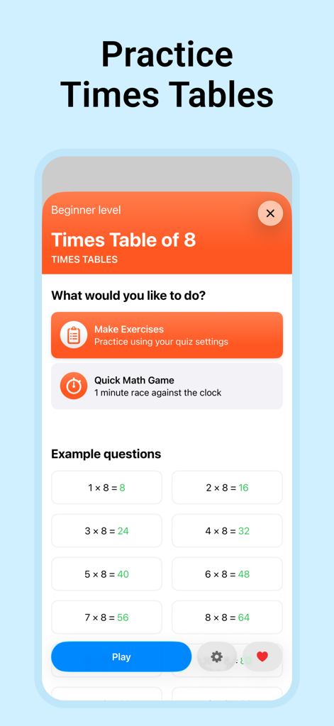 Interfaccia di un'app di calcolo mentale per esercitarsi con le tabelline dell'otto con esercizi e giochi rapidi