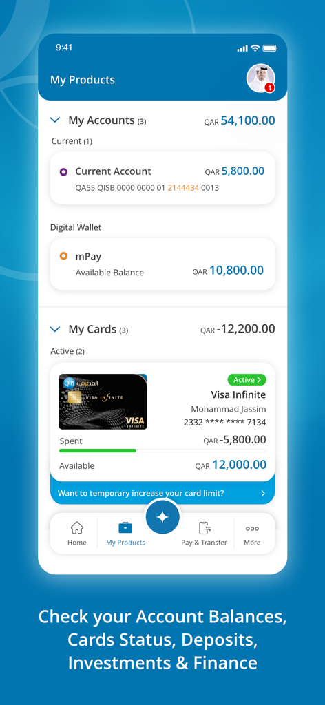 QIB MOBILE - QIB Mobile app dashboard showing account balances and credit card status