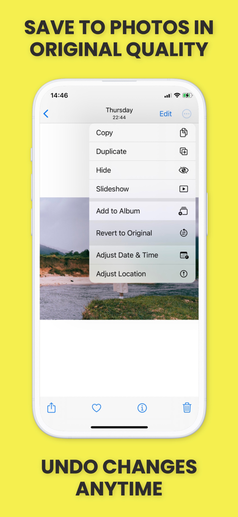 Person remover - Removex - A smartphone screen displaying a photo gallery menu with options to save in original quality and revert to original anytime.