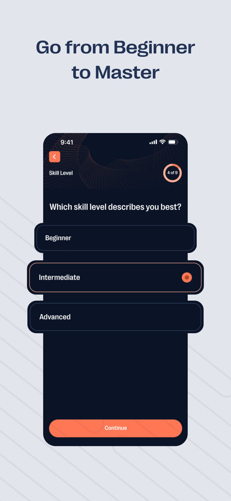 Zenoアプリのスキルレベル選択画面。 beginner, intermediate, advanced のオプションを表示。