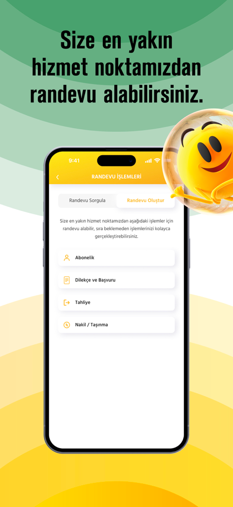 Enerjisa Mobil - Interfaz de la aplicación Enerjisa Mobil mostrando opciones de reserva de citas para servicios de suscripción y reubicación