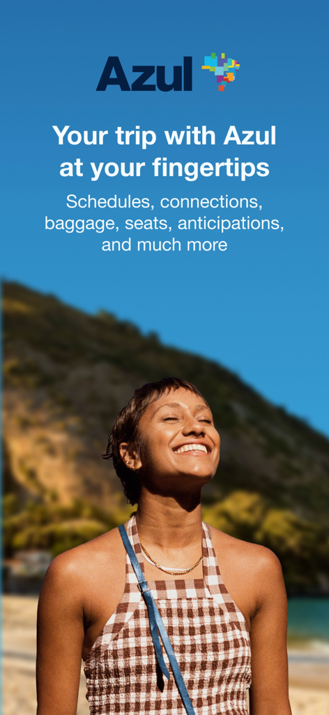 A happy woman smiling on a sunny beach with the Azul app logo and travel features text