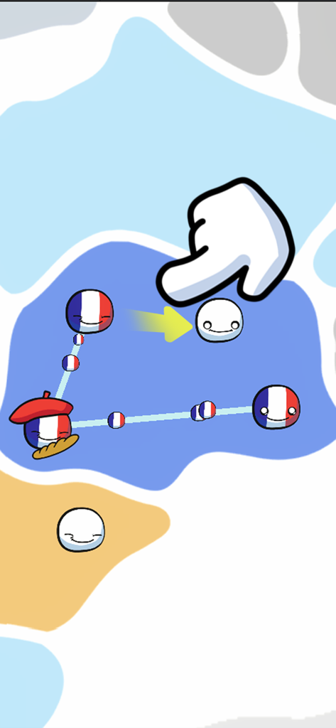 Gameplay of Country Balls World Connect showing a player connecting France countryballs on a map