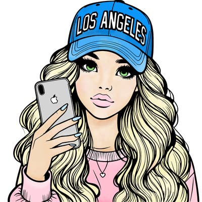 realistic beautiful girl wearing los ángeles cap holding an iphone