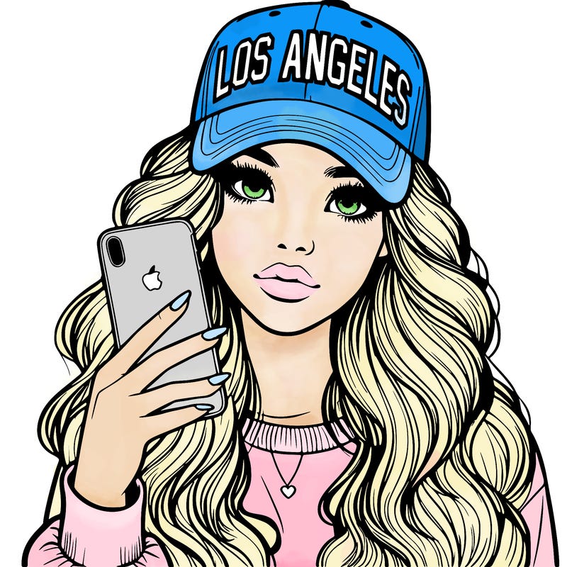 realistic beautiful girl wearing los ángeles cap holding an iphone